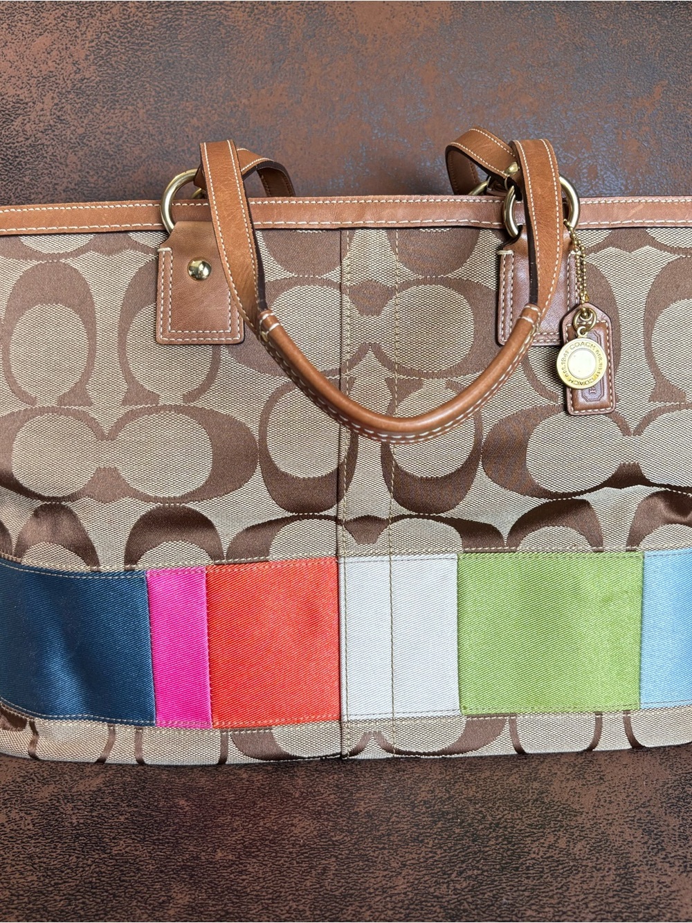Coach Brown Signature Canvas Tote with Multicolor Accent Panels